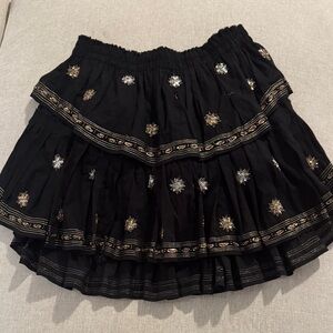 LoveShackFancy Black Skirt with Gold and Silver Embroidery